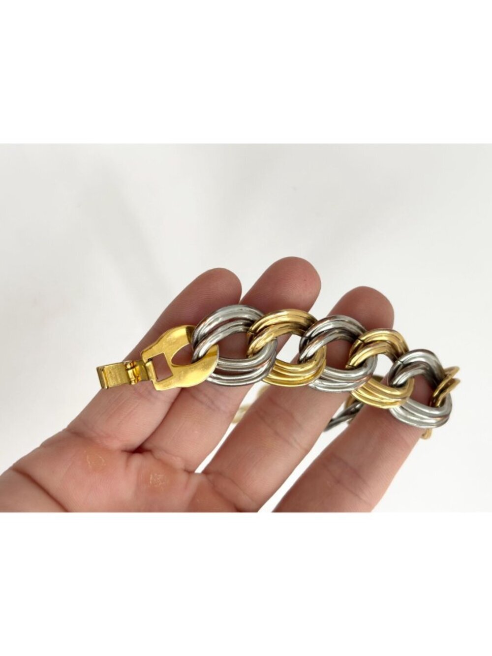 Dual Gold & Silver Double Strung Chunky Vintage 80's Style Bracelet - Picture 15 of 16